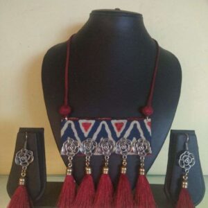 Red & Blue Block Print Fabric Necklace with Hanging Charms & Tassles