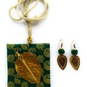 Green Brocade Fabric Necklace with Antique Gold Metal Leaf Pendant