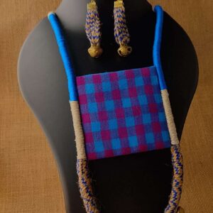 Blue & Purple Gamchha Pendant Necklace with Jute Rope & Brass Ghungroos