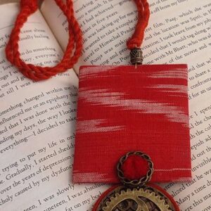 Red Ikat Fabric Necklace with Metal Gear Motif