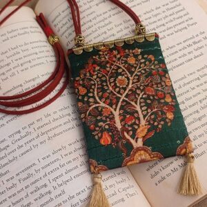 Green Tree of Life Fabric Necklace with Beige Tassles