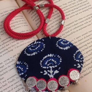 Oval Shape Daabu Fabric Necklace with Pompom & Metal Coins