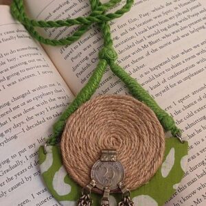 Green Block Print Fabric Necklace with Jute and Old Coin with Ghungroo