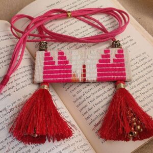 Pink & White Drilled Handloom Fabric Necklace with Tassles