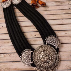 Black Khun Multi Layered Necklace with Oxidised Metal Pendant & Motifs