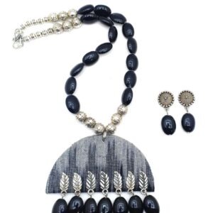 Half Moon Shape Black Ikat Fabric Necklace with Metal Charms & Ceramic Beads
