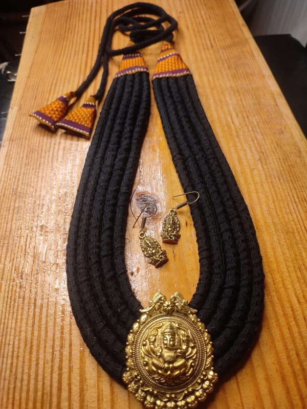 Black & Orange Khun Multi Layered Necklace with Antique Gold Pendant