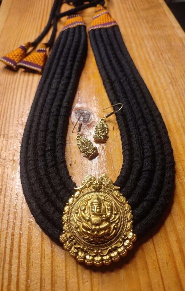 Black & Orange Khun Multi Layered Necklace with Antique Gold Pendant - Image 3