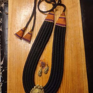 Black & Orange Khun Multi Layered Necklace with Antique Gold Pendant