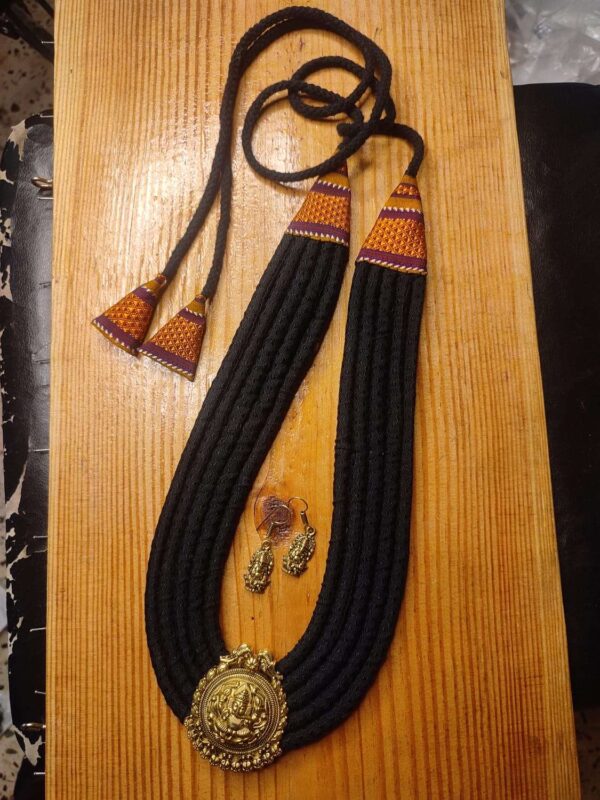 Black & Orange Khun Multi Layered Necklace with Antique Gold Pendant - Image 2