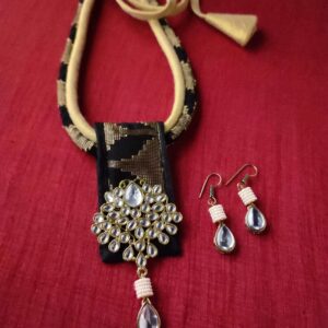 Black & Gold Silk Fabric Dual Layer Necklace with Kundan Pendant & Motifs