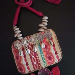 Colorful Handloom Fabric Square Pendant Necklace with Jute, Metal Coins & Kowrees