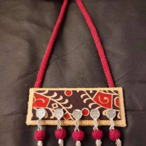 Jute & Black Kalamkari Fabric Pendant Necklace with Kolhapuri Beads