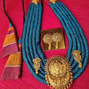 Purple Blue & Orange Khun Fabric Multi Layer Temple Necklace Set