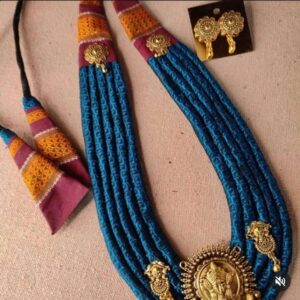 Purple Blue & Orange Khun Fabric Multi Layer Temple Necklace Set
