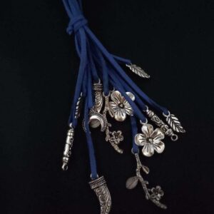 Leaf & Flower Oxidised Charms Statement Necklace in Blue Faux Leather Cord