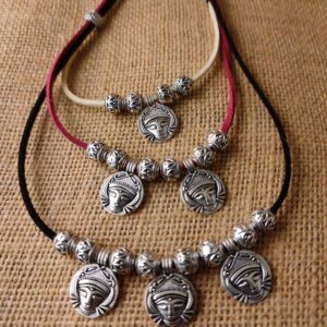 Oxidised GS Goddess Face Triple Layer Necklace in Faux Leather Cord