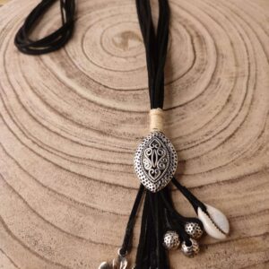 Black Faux Leather Necklace with Oxidised Pendant & Beads