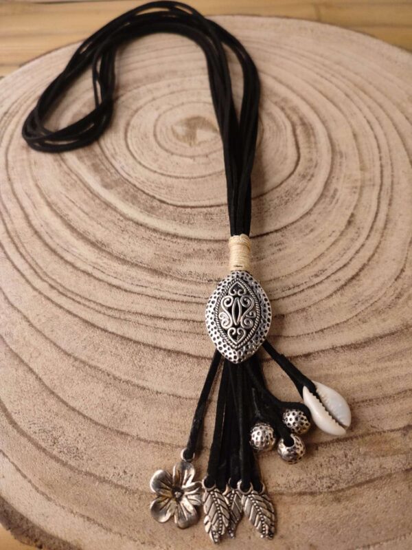 Black Faux Leather Necklace with Oxidised Pendant & Beads