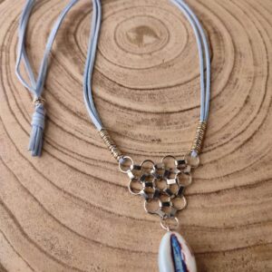 Beautiful Sky Blue Faux Leather Necklace with Ceramic Bead