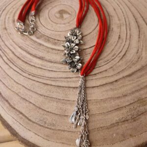 Red Faux Leather Necklace with Oxidised Leaf Pendant & Chains