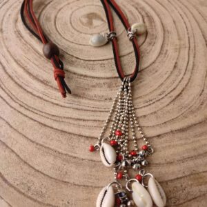 Maroon & Black Faux Leather Necklace with Kowrees & Charms