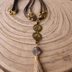 Antique Gold Round Pendants Necklace with Tassles in Faux Leather Cord