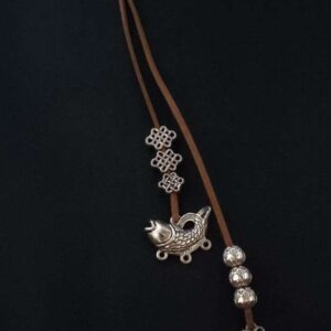 Leaf & Fish Oxidised Charms Statement Necklace in Brown Faux Leather Cord