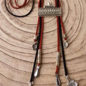 Red & Black Designer Faux Leather Necklace with Oxidised Charms