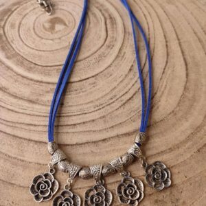 Blue Faux Leather Necklace with Oxidised Flower Charms