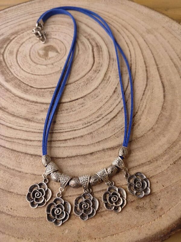 Blue Faux Leather Necklace with Oxidised Flower Charms