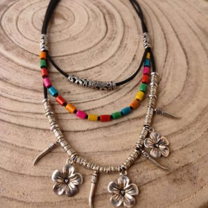 Faux Leather Boho Colorful Necklace with Wooden & GS Beads