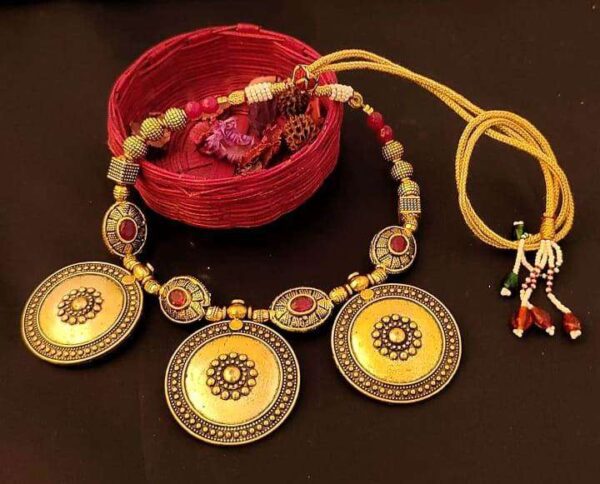 Antique Gold Oxidised Round Pendants Choker Necklace Set