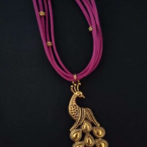 Antique Gold GS Peacock Metal Necklace in Pink Faux Leather Cord