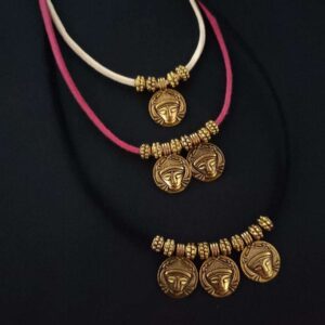 Antique Gold GS Goddess Face Triple Layer Necklace in Faux Leather Cord