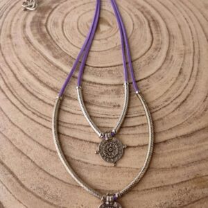 Oxidised Tribal Coin & Metal Pipes Necklace in Purple Faux Leather Cord