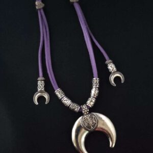 Oxidised Metal Moon Pendant Necklace in Purple Faux Leather Cord