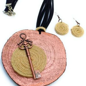 Copper Painted Wooden Pendant with Black Rope & Jute
