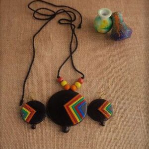 Black & Rainbow Color Hand Painted Terracotta Necklace Set
