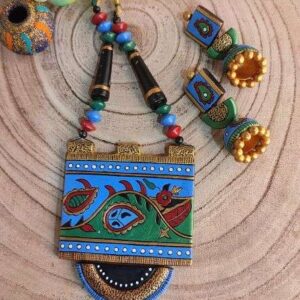 Blue & Green Madhubani Art Painting Terracotta Necklace Set
