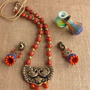 Oxidised Gold & Red Peacock Painted Terracotta Set