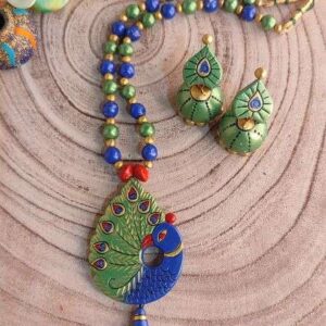 Sea Green & Blue Peacock Shape Terracotta Necklace Set