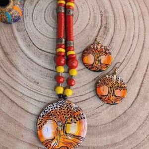 Orange Tree of Life Hand Painted Terracotta Necklace Set