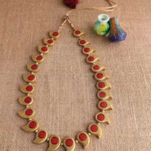 Golden & Red Leaf Shaped Long Terracotta Mala