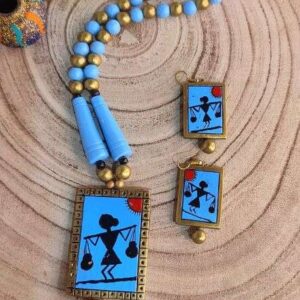 Blue Warli Painted Terracotta Necklace Set