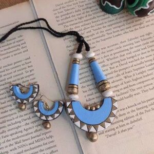 Designer Half Moon Painted Necklace Set in Terracotta