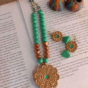 Green & Bronze Gold Painted Terracotta Necklace Set