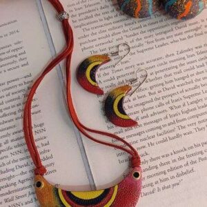 Tribal Design Painted Half Moon Terracotta Necklace Set