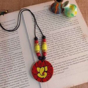 Yellow & Red Ganesha Painted Terracotta Necklace