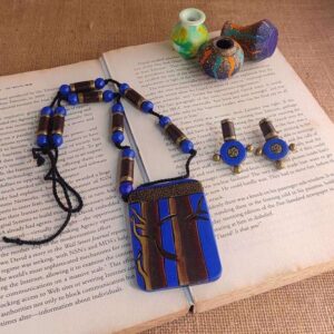 Blue with Brown Tree Painted Terracotta Necklace Set